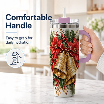 #pl[40oz|Pink] Golden Christmas Bells 40oz Tumbler with Handle, Red Poinsettia Art