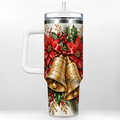 Golden Christmas Bells 40oz Tumbler with Handle, Red Poinsettia Art