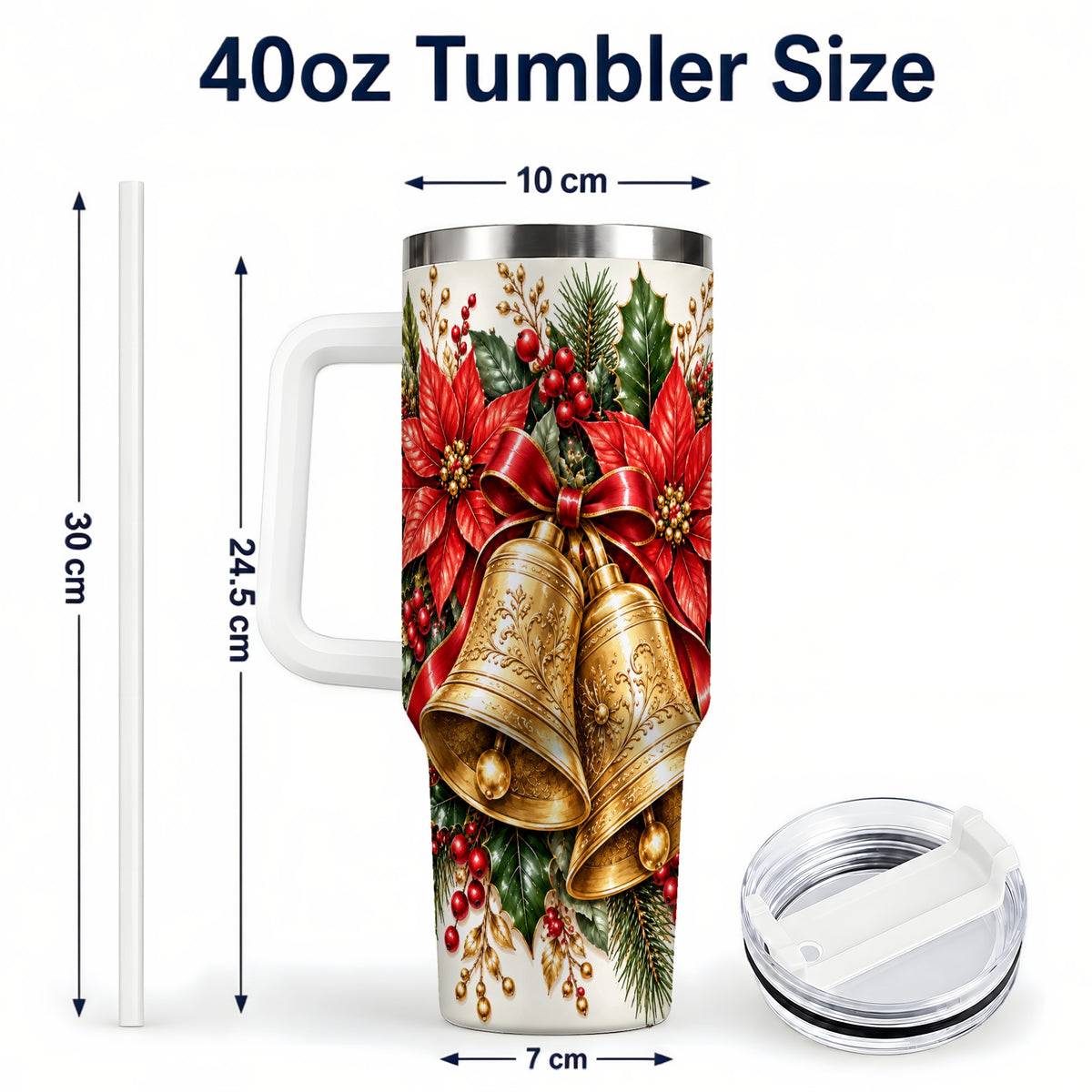 #pl[40oz|White] Golden Christmas Bells 40oz Tumbler with Handle, Red Poinsettia Art