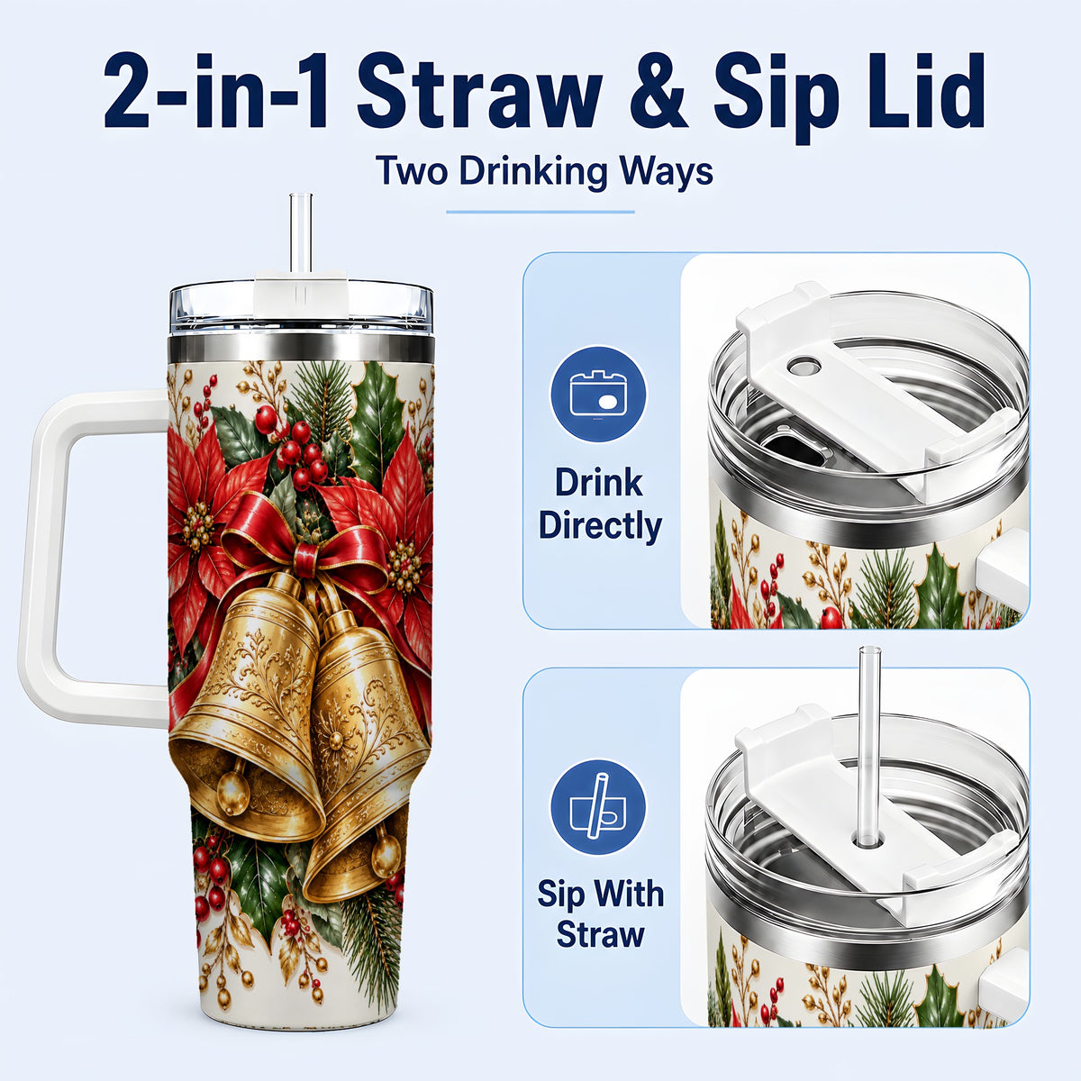 #pl[40oz|White] Golden Christmas Bells 40oz Tumbler with Handle, Red Poinsettia Art