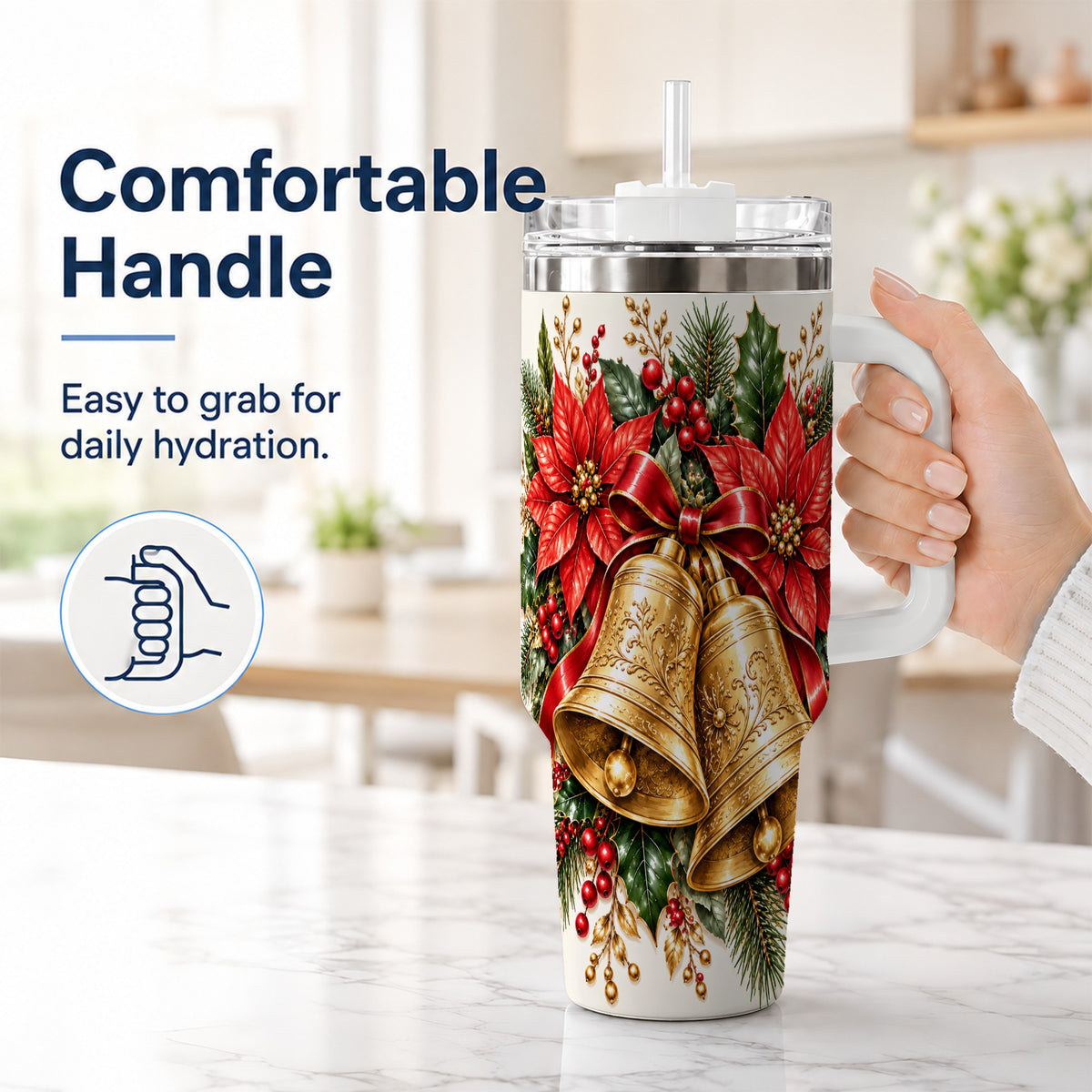 #pl[40oz|White] Golden Christmas Bells 40oz Tumbler with Handle, Red Poinsettia Art
