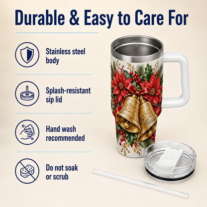 Golden Christmas Bells 40oz Tumbler with Handle, Red Poinsettia Art