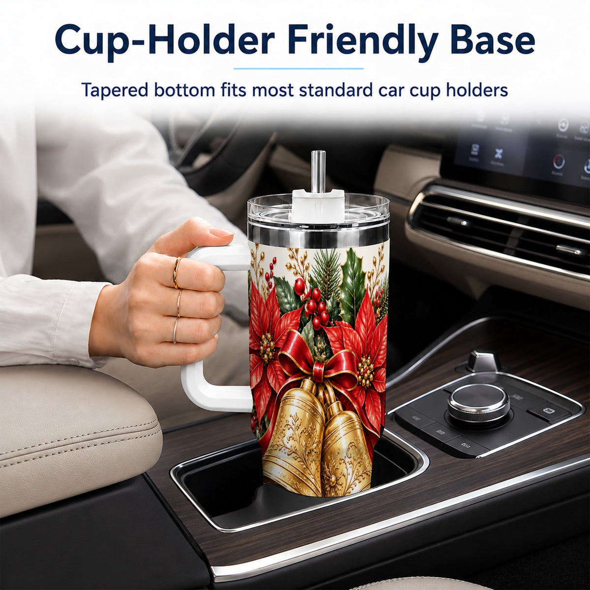 Golden Christmas Bells 40oz Tumbler with Handle, Red Poinsettia Art