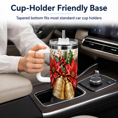 Golden Christmas Bells 40oz Tumbler with Handle, Red Poinsettia Art