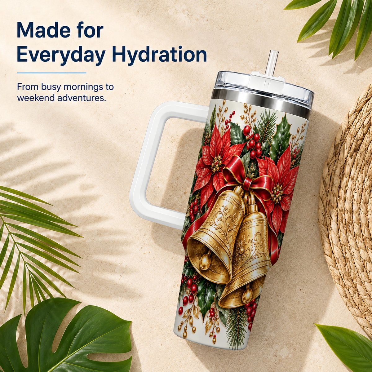 Golden Christmas Bells 40oz Tumbler with Handle, Red Poinsettia Art