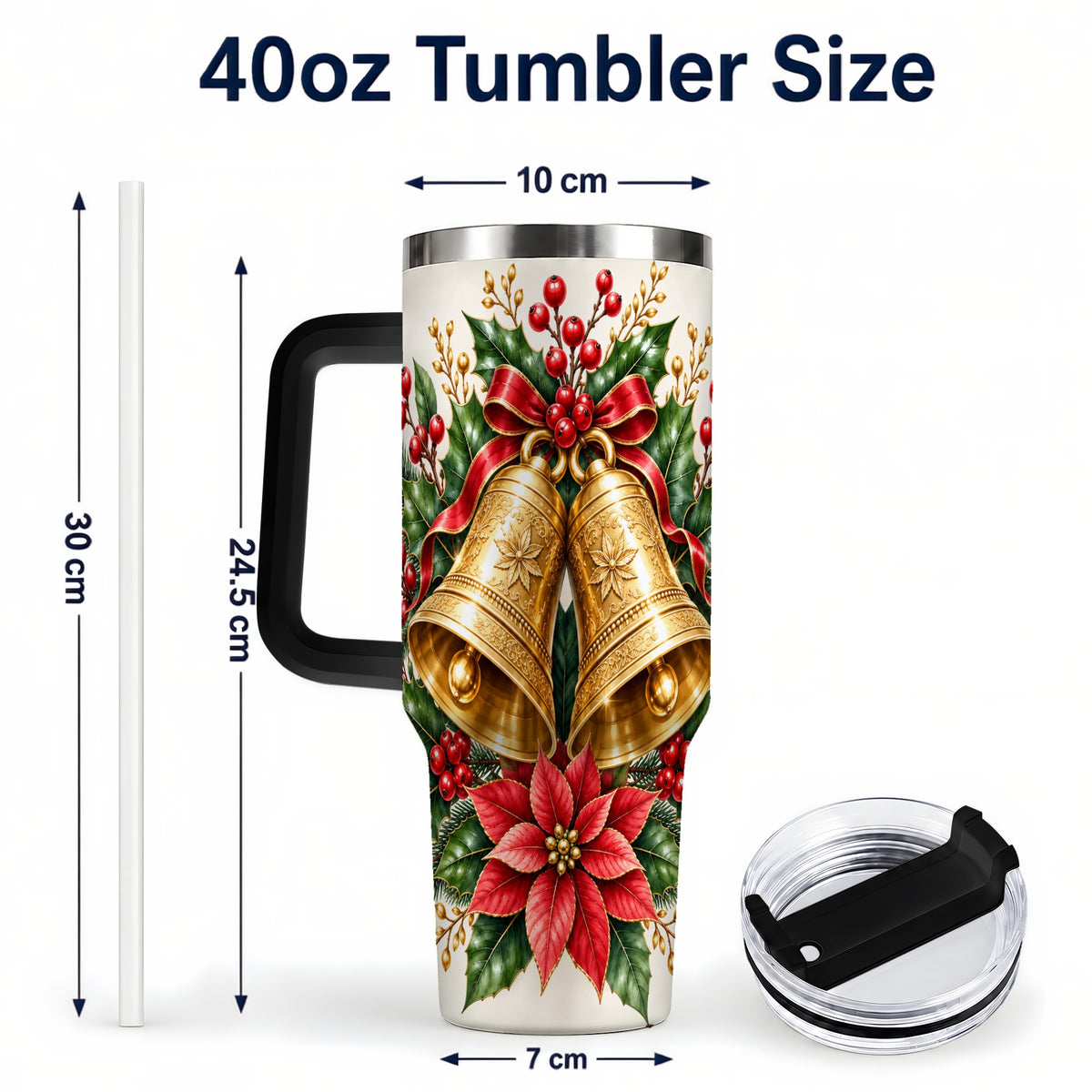 #pl[40oz|Black] Vintage Christmas Bells 40oz Tumbler with Handle, Red Holiday Floral