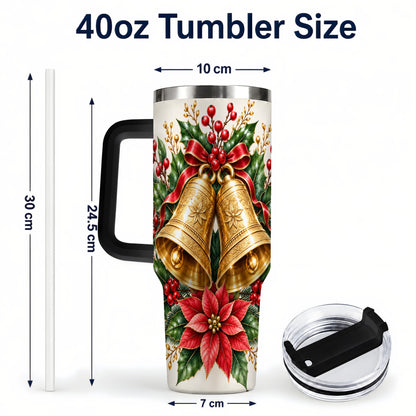 #pl[40oz|Black] Vintage Christmas Bells 40oz Tumbler with Handle, Red Holiday Floral