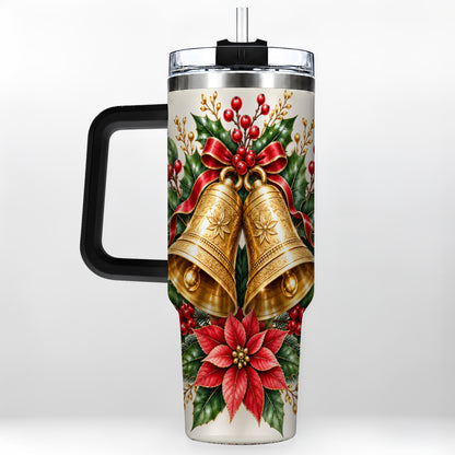 #pl[40oz|Black] Vintage Christmas Bells 40oz Tumbler with Handle, Red Holiday Floral
