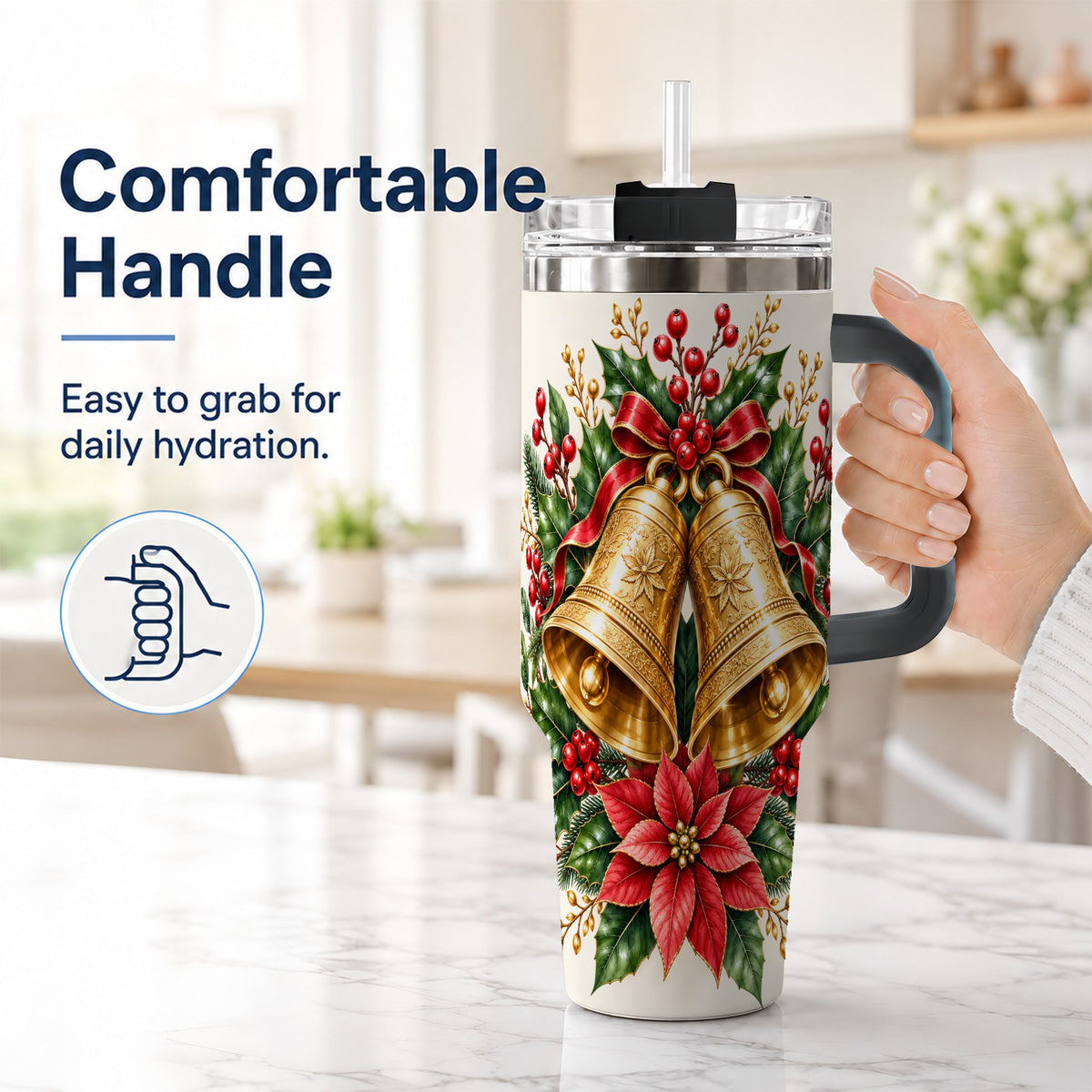 #pl[40oz|Black] Vintage Christmas Bells 40oz Tumbler with Handle, Red Holiday Floral