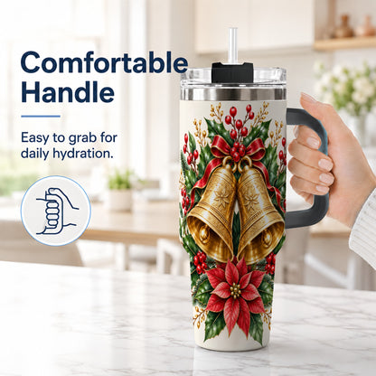 #pl[40oz|Black] Vintage Christmas Bells 40oz Tumbler with Handle, Red Holiday Floral