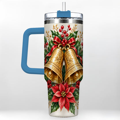 #pl[40oz|Blue] Vintage Christmas Bells 40oz Tumbler with Handle, Red Holiday Floral