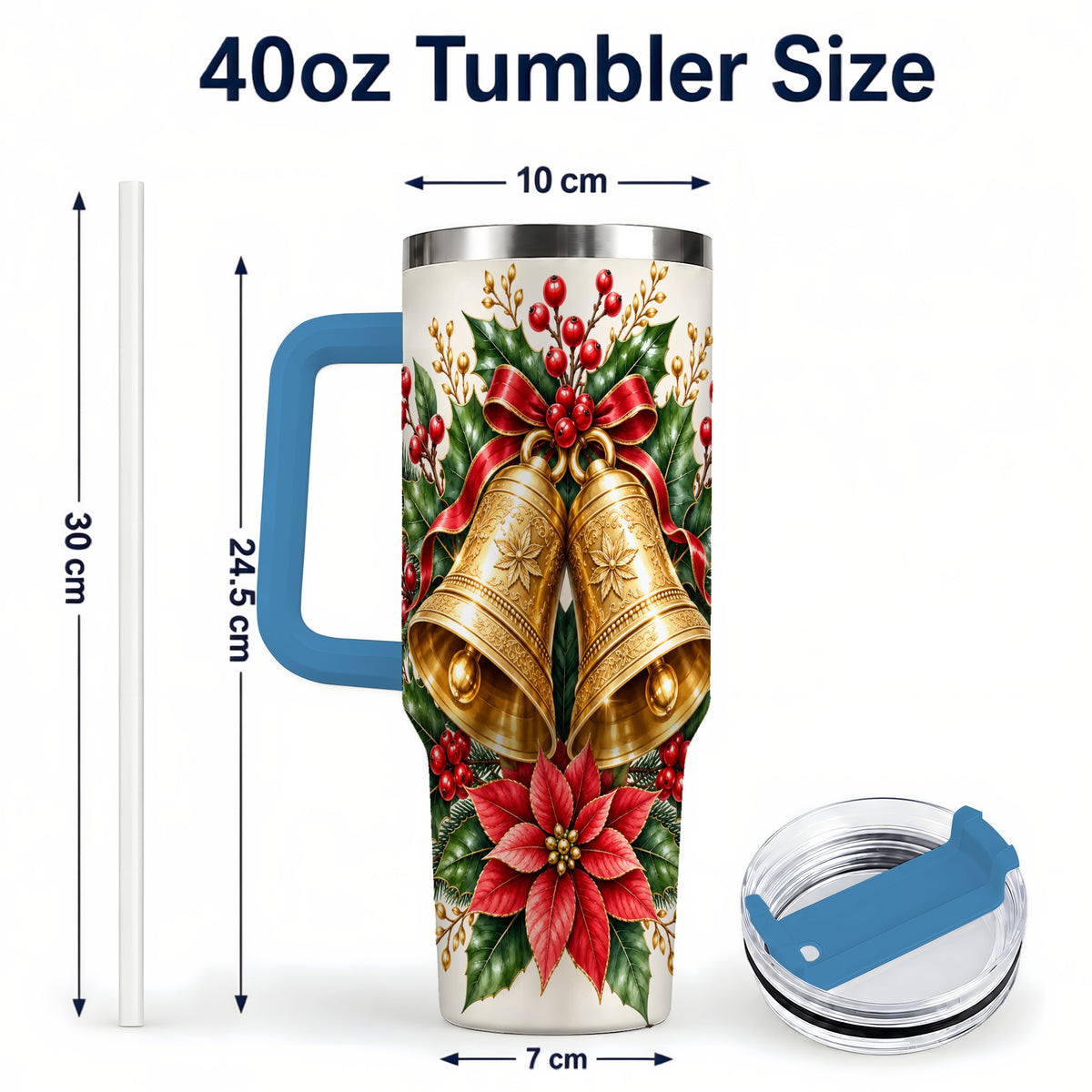 #pl[40oz|Blue] Vintage Christmas Bells 40oz Tumbler with Handle, Red Holiday Floral