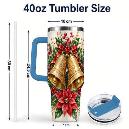 #pl[40oz|Blue] Vintage Christmas Bells 40oz Tumbler with Handle, Red Holiday Floral