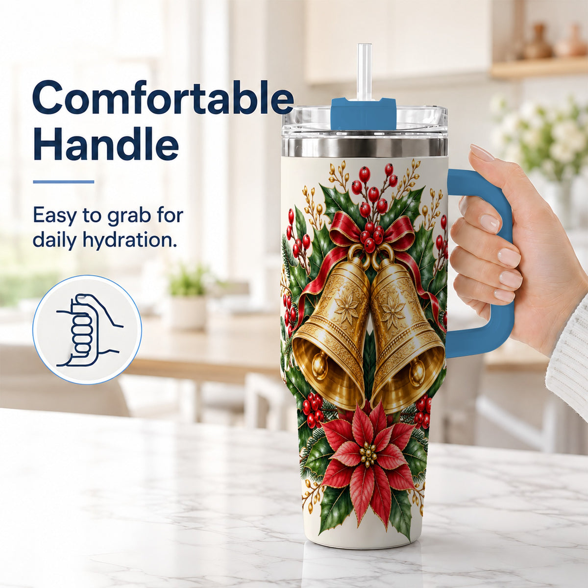 #pl[40oz|Blue] Vintage Christmas Bells 40oz Tumbler with Handle, Red Holiday Floral