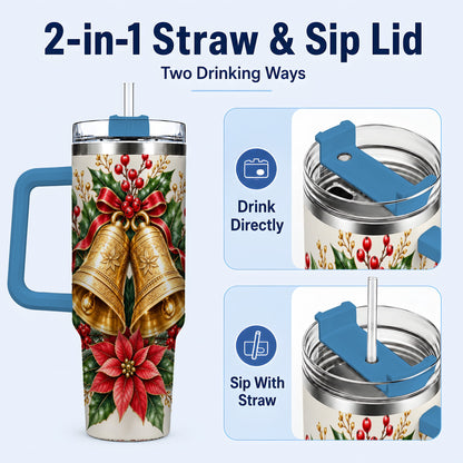 #pl[40oz|Blue] Vintage Christmas Bells 40oz Tumbler with Handle, Red Holiday Floral