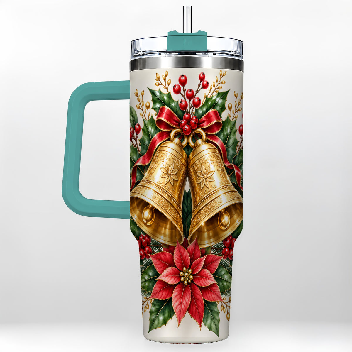 #pl[40oz|Green] Vintage Christmas Bells 40oz Tumbler with Handle, Red Holiday Floral