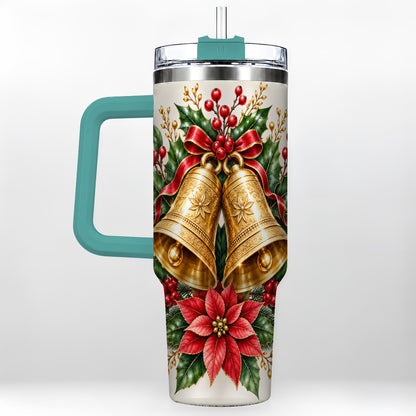 #pl[40oz|Green] Vintage Christmas Bells 40oz Tumbler with Handle, Red Holiday Floral