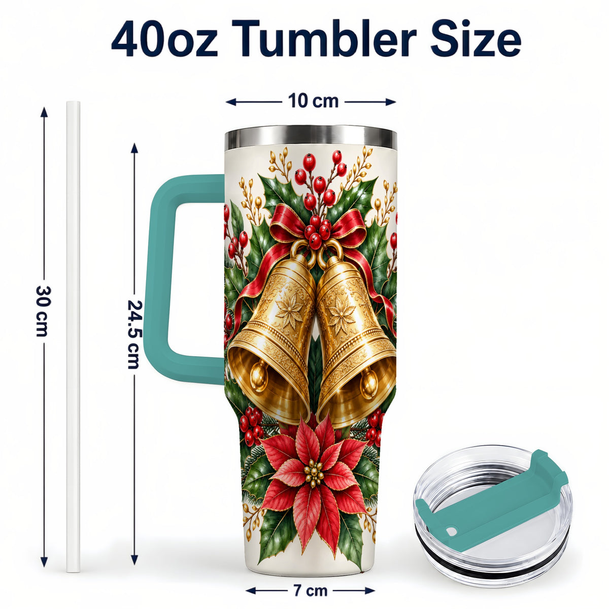#pl[40oz|Green] Vintage Christmas Bells 40oz Tumbler with Handle, Red Holiday Floral