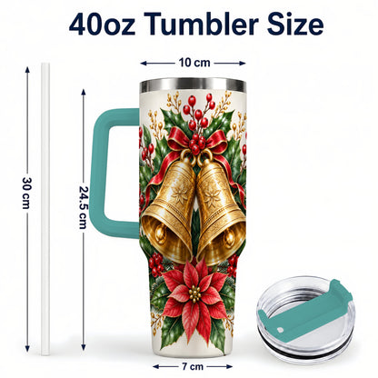 #pl[40oz|Green] Vintage Christmas Bells 40oz Tumbler with Handle, Red Holiday Floral