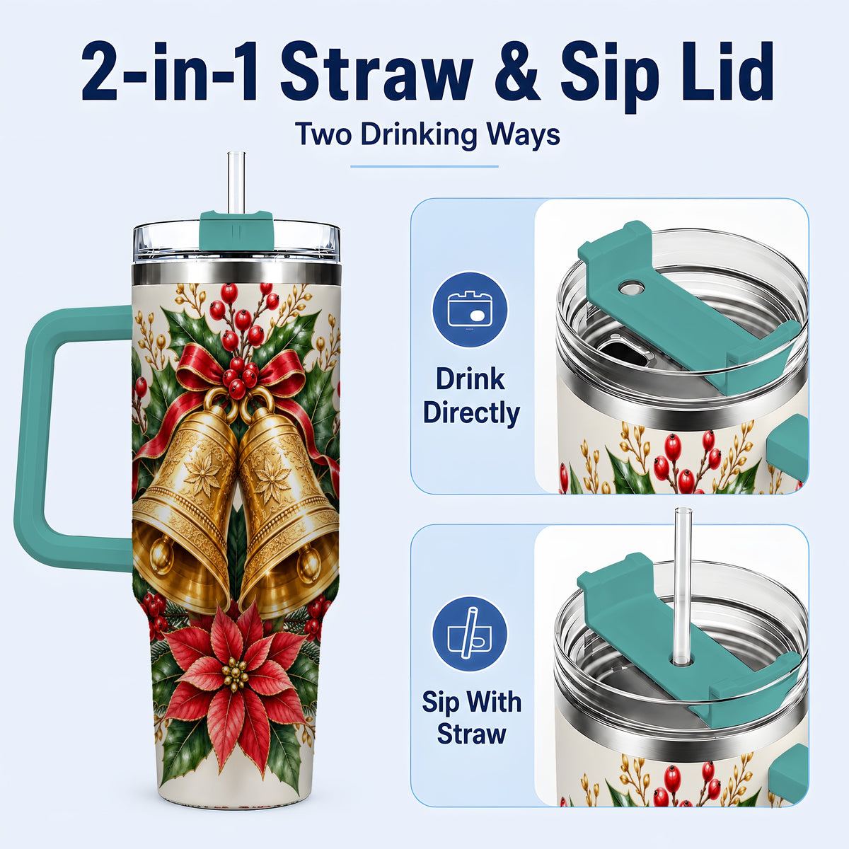 #pl[40oz|Green] Vintage Christmas Bells 40oz Tumbler with Handle, Red Holiday Floral