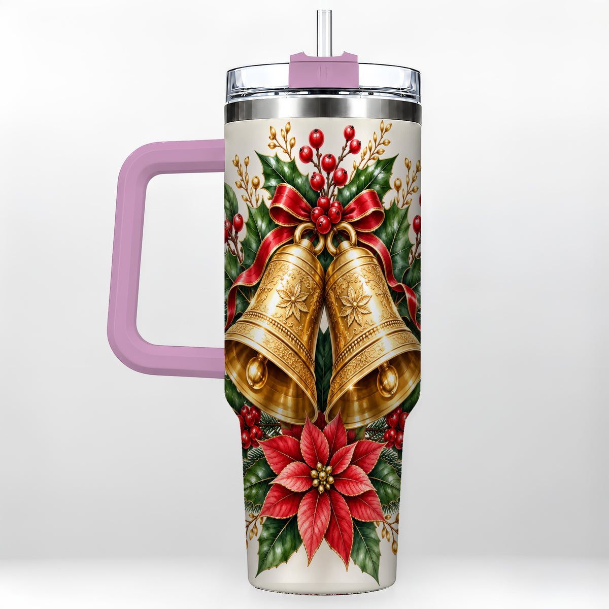 #pl[40oz|Pink] Vintage Christmas Bells 40oz Tumbler with Handle, Red Holiday Floral