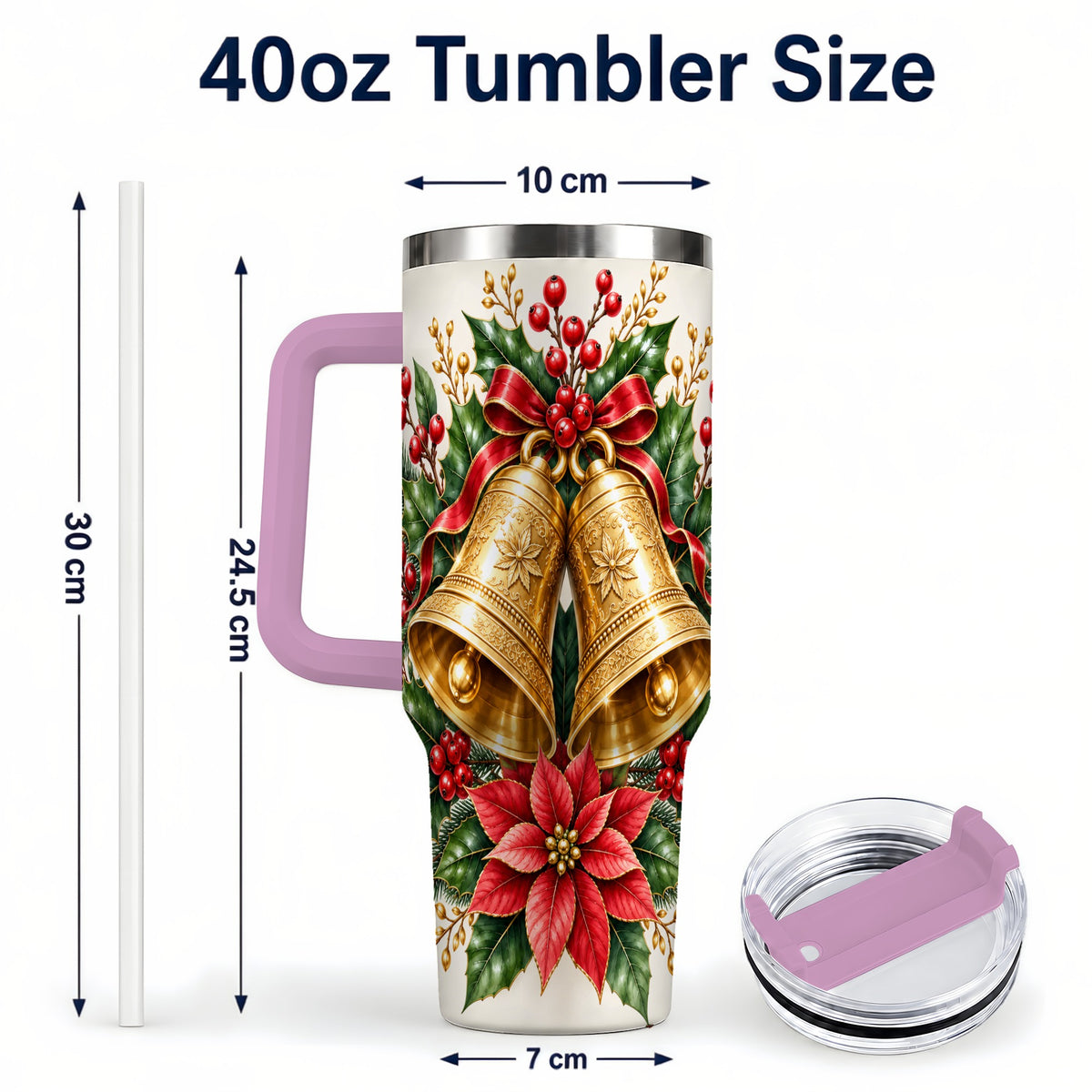 #pl[40oz|Pink] Vintage Christmas Bells 40oz Tumbler with Handle, Red Holiday Floral