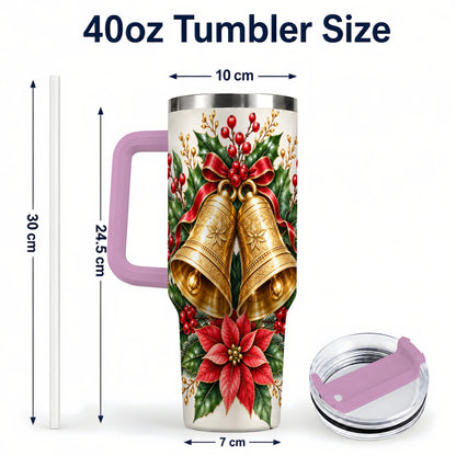 #pl[40oz|Pink] Vintage Christmas Bells 40oz Tumbler with Handle, Red Holiday Floral