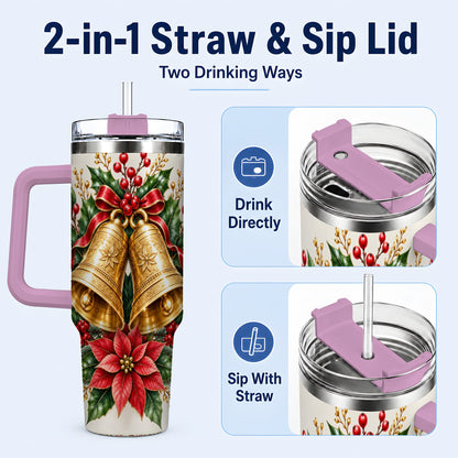 #pl[40oz|Pink] Vintage Christmas Bells 40oz Tumbler with Handle, Red Holiday Floral