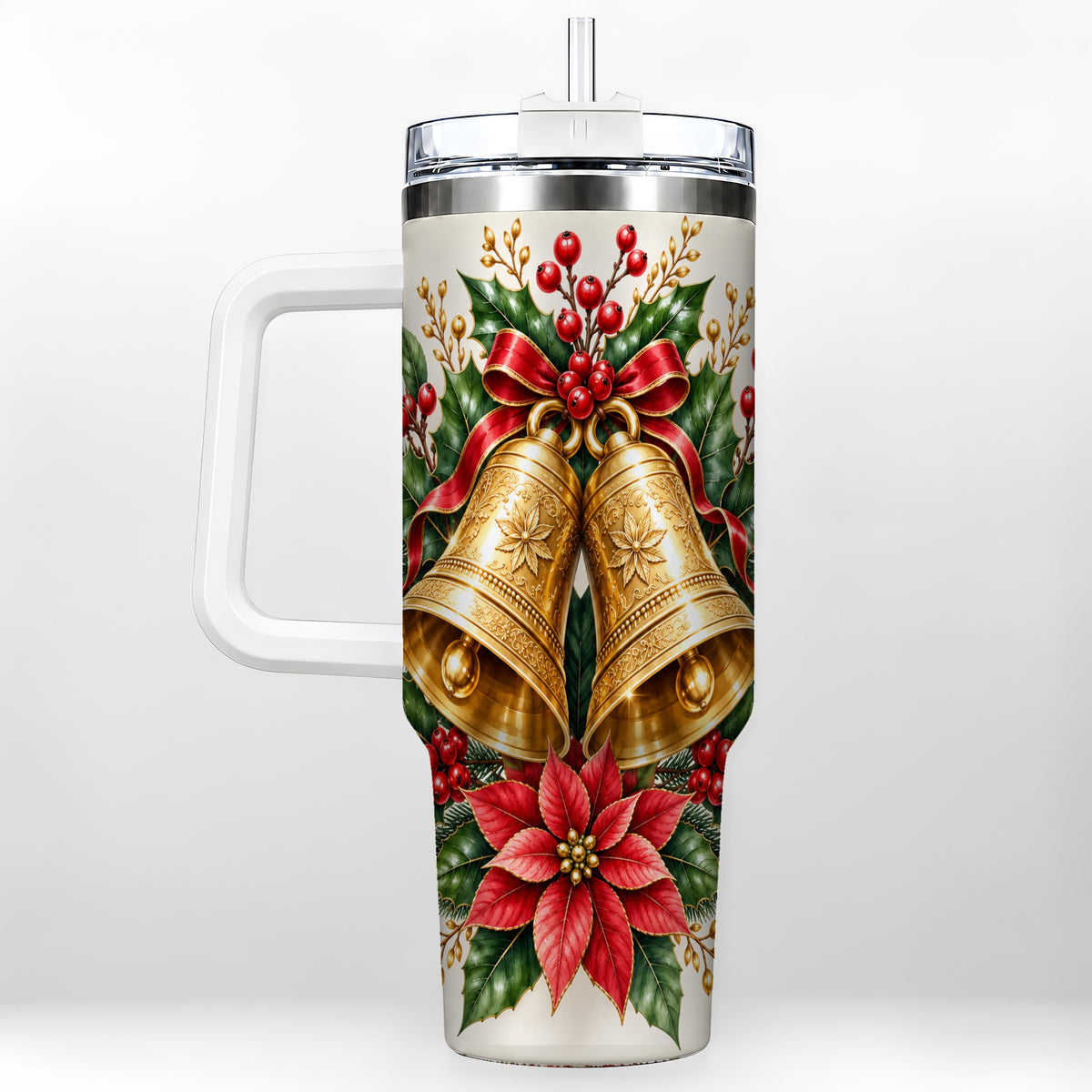 Vintage Christmas Bells 40oz Tumbler with Handle, Red Holiday Floral