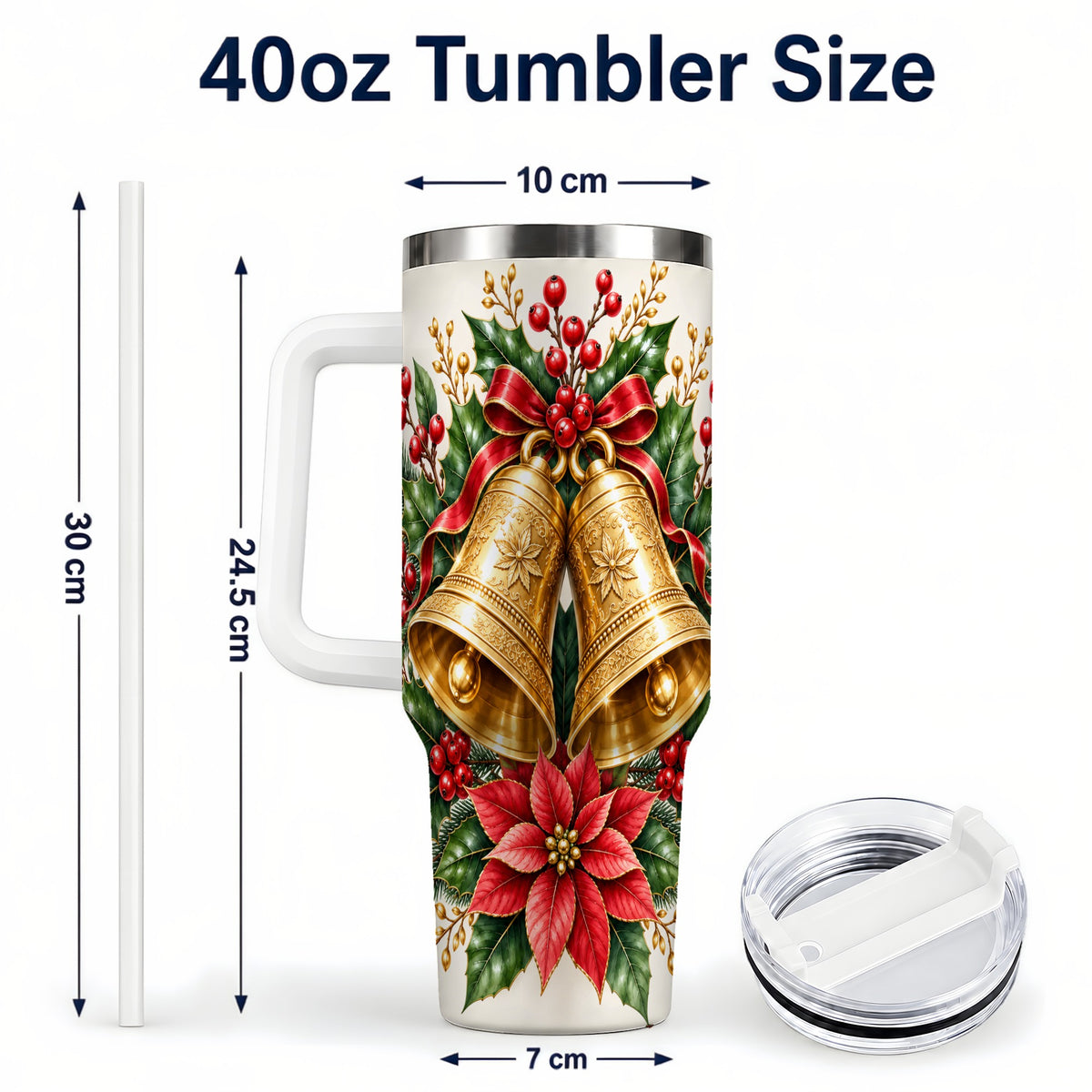 #pl[40oz|White] Vintage Christmas Bells 40oz Tumbler with Handle, Red Holiday Floral