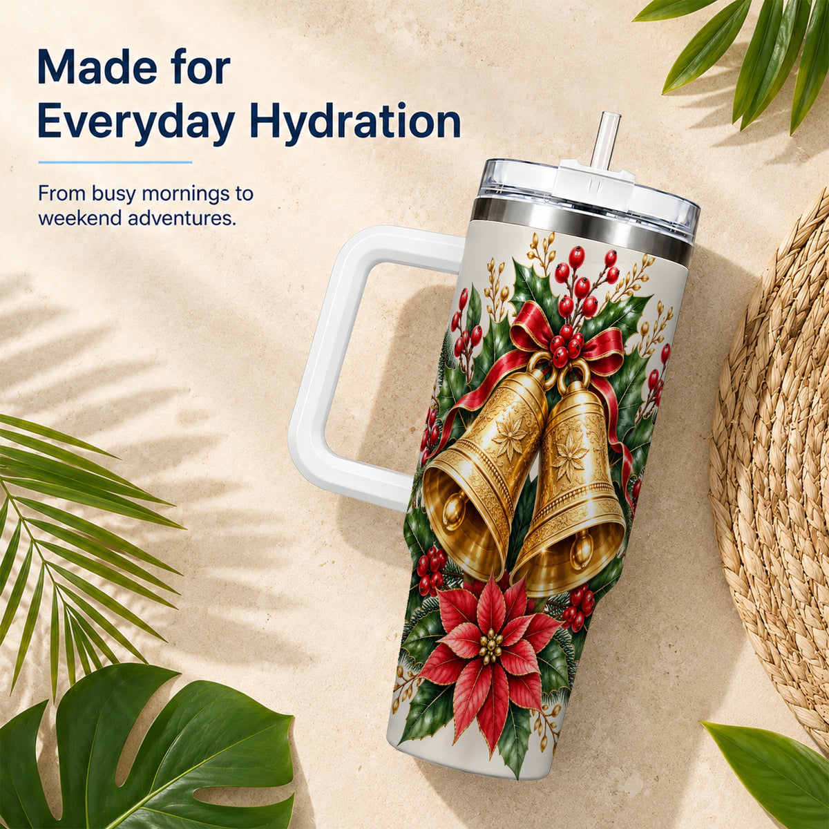 Vintage Christmas Bells 40oz Tumbler with Handle, Red Holiday Floral
