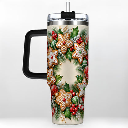 #pl[40oz|Black] Gingerbread Christmas 40oz Tumbler with Handle, Candy Cane Wreath