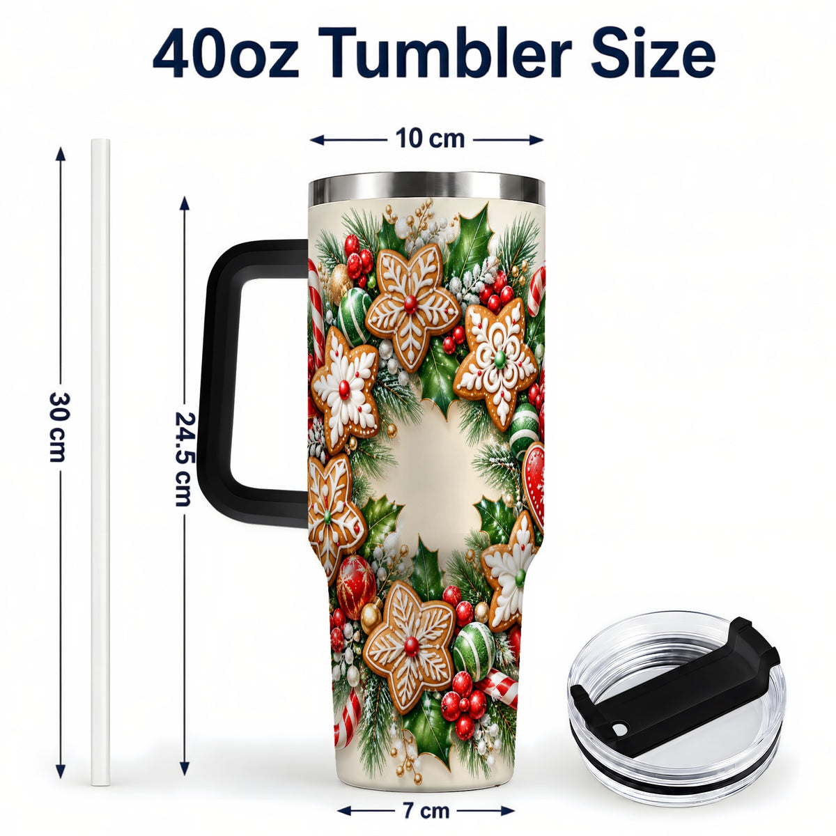 #pl[40oz|Black] Gingerbread Christmas 40oz Tumbler with Handle, Candy Cane Wreath
