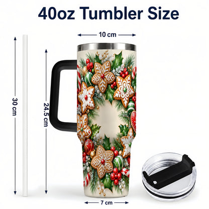 #pl[40oz|Black] Gingerbread Christmas 40oz Tumbler with Handle, Candy Cane Wreath