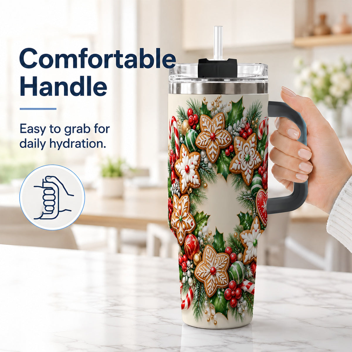 #pl[40oz|Black] Gingerbread Christmas 40oz Tumbler with Handle, Candy Cane Wreath