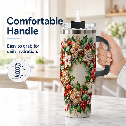#pl[40oz|Black] Gingerbread Christmas 40oz Tumbler with Handle, Candy Cane Wreath
