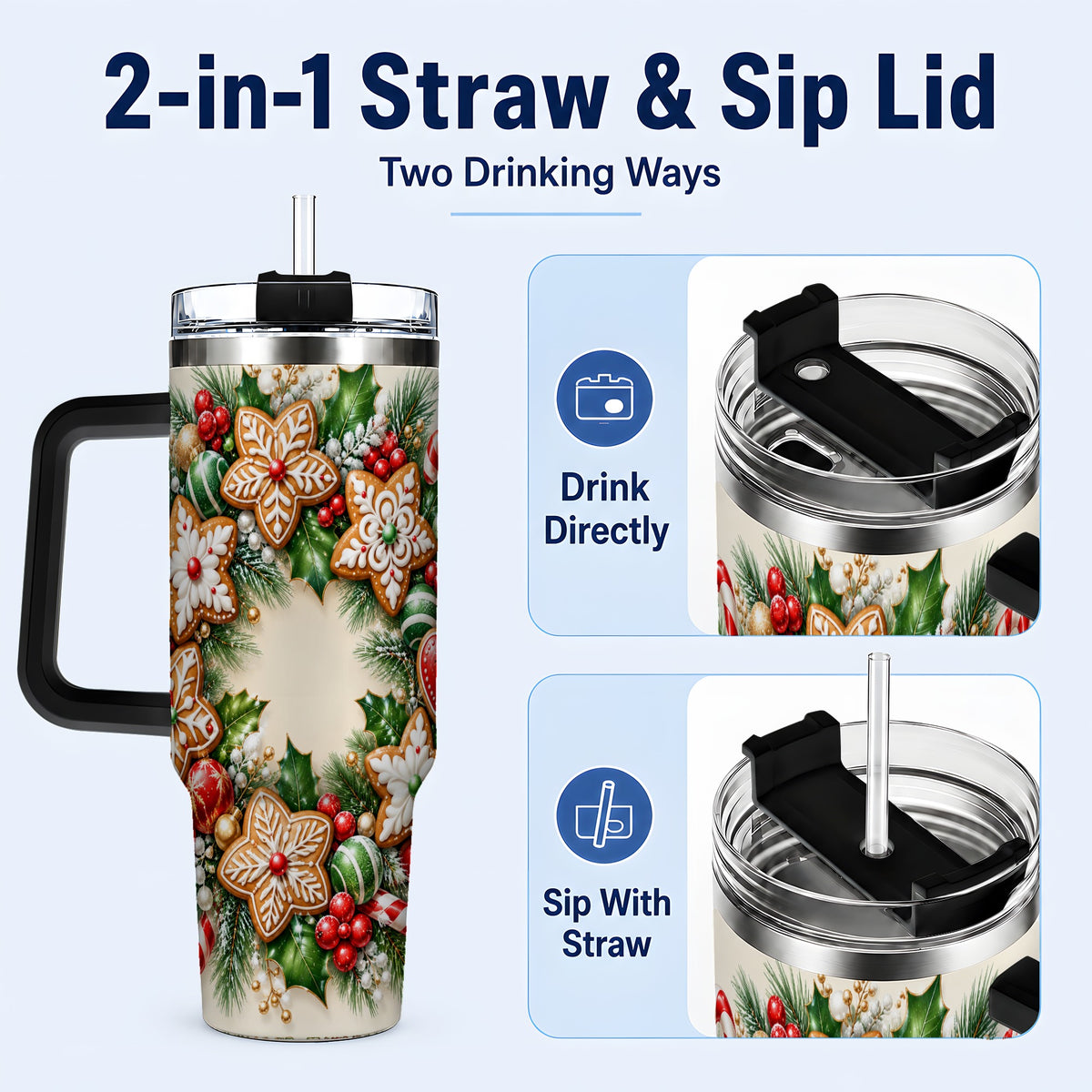 #pl[40oz|Black] Gingerbread Christmas 40oz Tumbler with Handle, Candy Cane Wreath