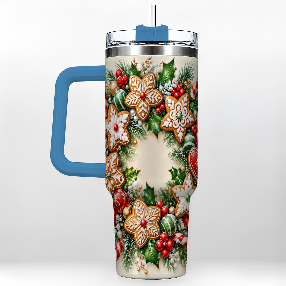 #pl[40oz|Blue] Gingerbread Christmas 40oz Tumbler with Handle, Candy Cane Wreath