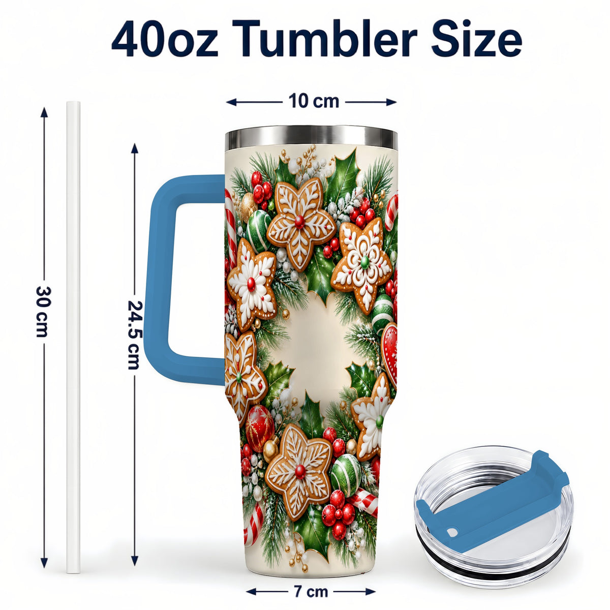 #pl[40oz|Blue] Gingerbread Christmas 40oz Tumbler with Handle, Candy Cane Wreath