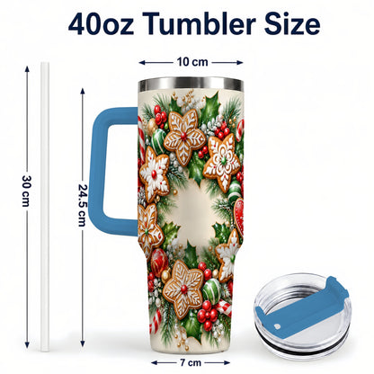 #pl[40oz|Blue] Gingerbread Christmas 40oz Tumbler with Handle, Candy Cane Wreath