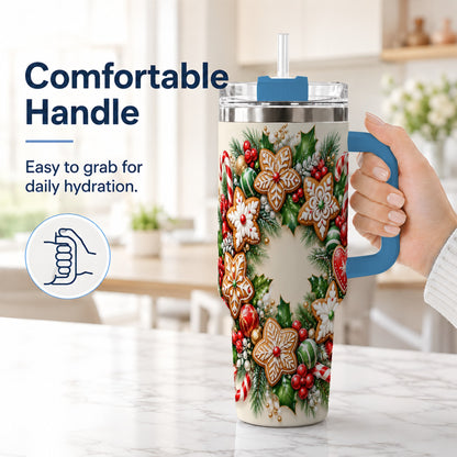 #pl[40oz|Blue] Gingerbread Christmas 40oz Tumbler with Handle, Candy Cane Wreath