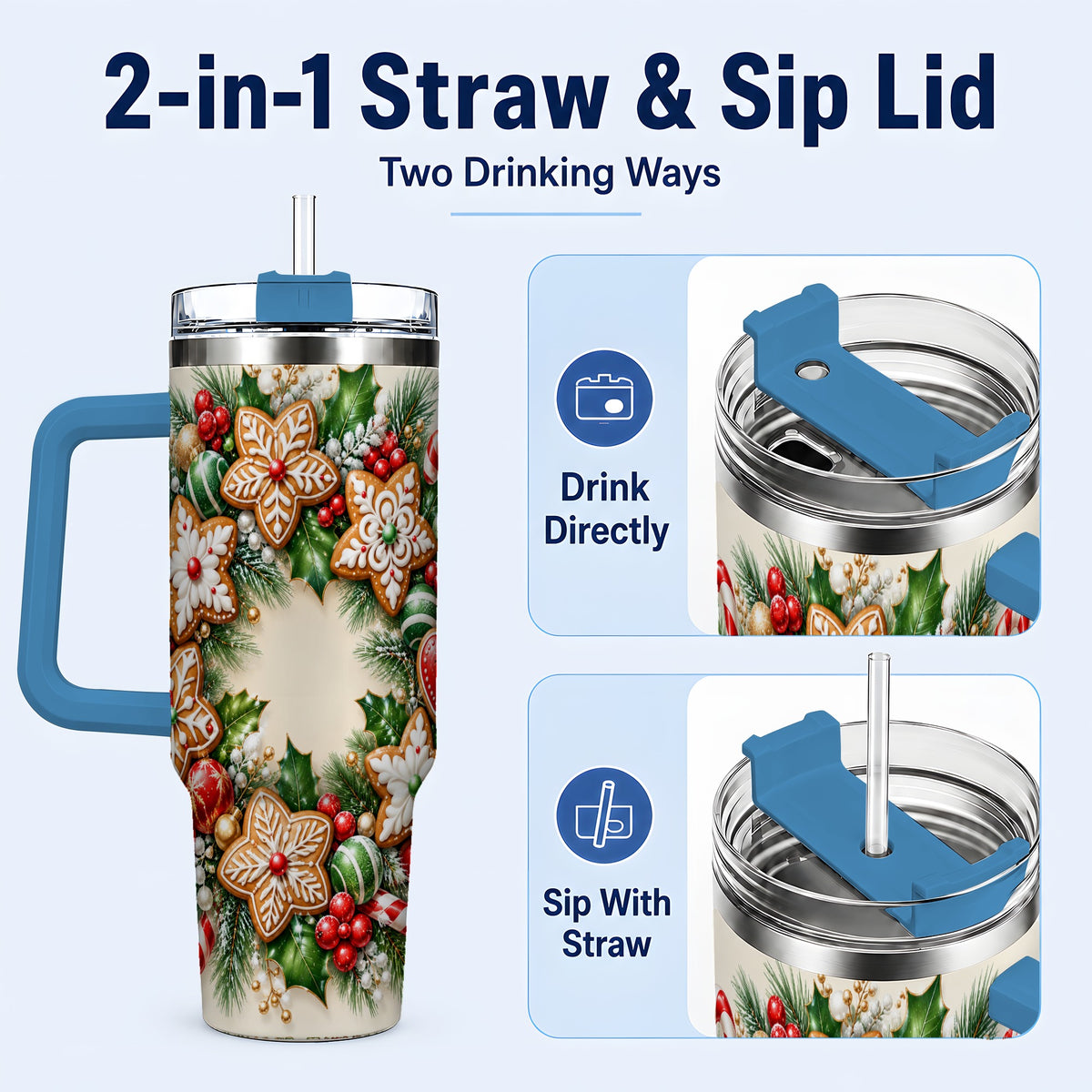 #pl[40oz|Blue] Gingerbread Christmas 40oz Tumbler with Handle, Candy Cane Wreath