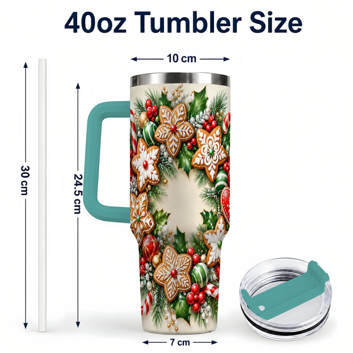#pl[40oz|Green] Gingerbread Christmas 40oz Tumbler with Handle, Candy Cane Wreath