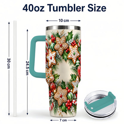 #pl[40oz|Green] Gingerbread Christmas 40oz Tumbler with Handle, Candy Cane Wreath