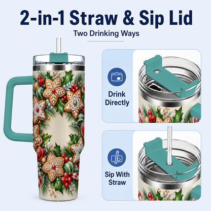 #pl[40oz|Green] Gingerbread Christmas 40oz Tumbler with Handle, Candy Cane Wreath