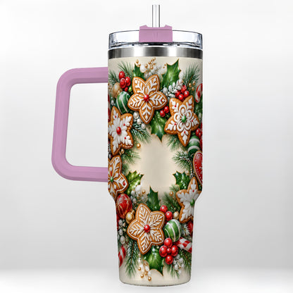 #pl[40oz|Pink] Gingerbread Christmas 40oz Tumbler with Handle, Candy Cane Wreath
