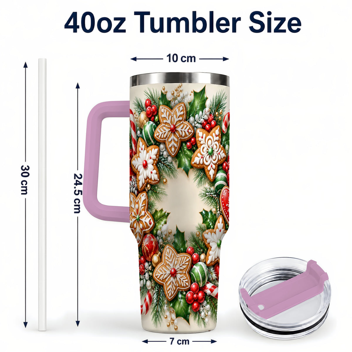 #pl[40oz|Pink] Gingerbread Christmas 40oz Tumbler with Handle, Candy Cane Wreath