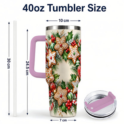 #pl[40oz|Pink] Gingerbread Christmas 40oz Tumbler with Handle, Candy Cane Wreath