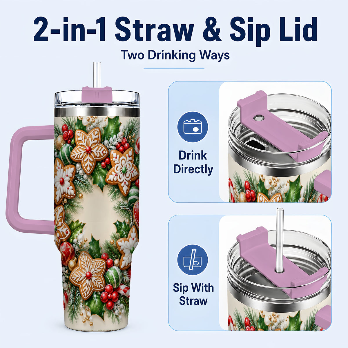 #pl[40oz|Pink] Gingerbread Christmas 40oz Tumbler with Handle, Candy Cane Wreath