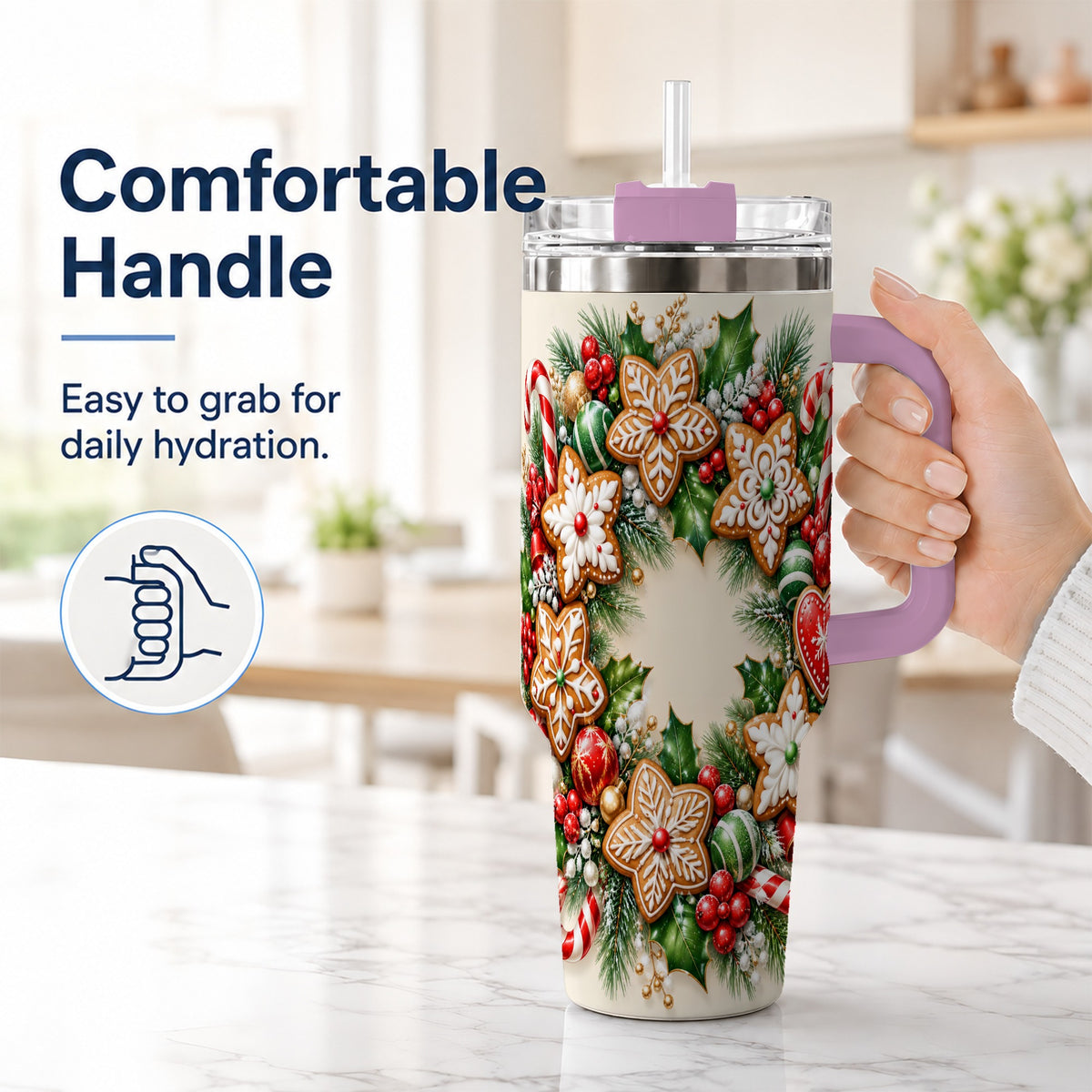 #pl[40oz|Pink] Gingerbread Christmas 40oz Tumbler with Handle, Candy Cane Wreath